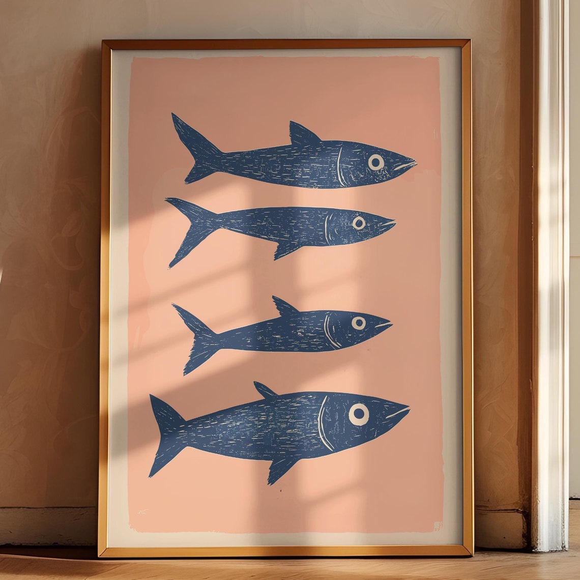Trendy Blue Fish Print Mackerel Vintage Art Pink Wall Decor Farmhouse Poster Fish Art Kitchen Drawing Food Art Retro Kitchen Art