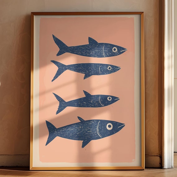 Trendy Blue Fish Print Mackerel Vintage Art Pink Wall Decor Farmhouse Poster Fish Art Kitchen Drawing Food Art Retro Kitchen Art
