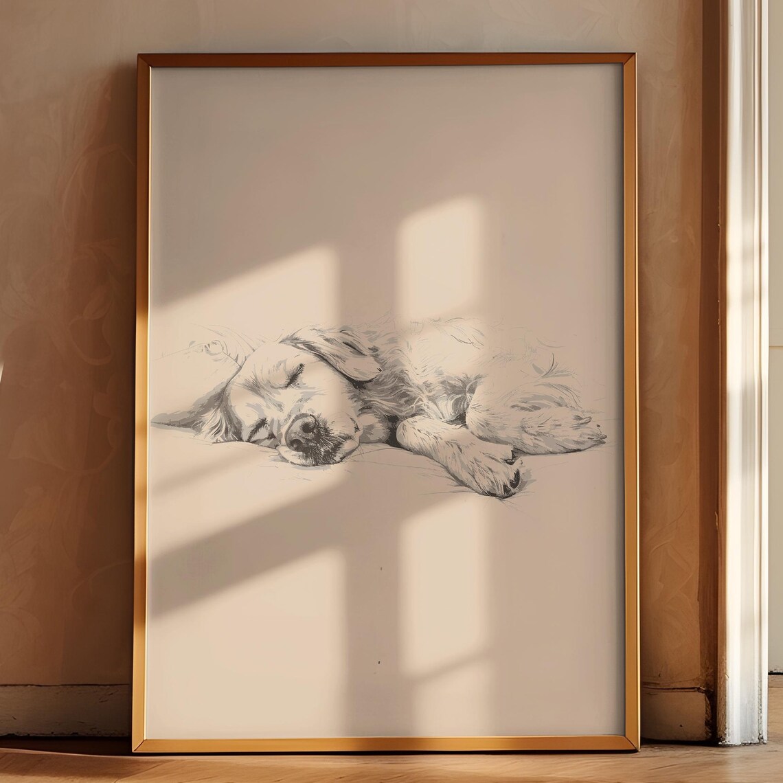 Golden Retriever Poster Dog Vintage Decor Sleeping Dog Wall Art Antique Retro Painting Farmhouse Drawing Golden Retriever Illustration