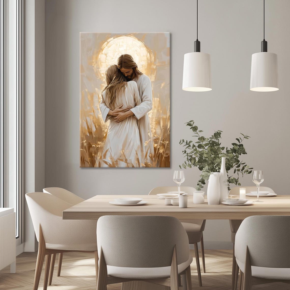 Jesus Embracing Woman Before Golden Halo Over Wheat Field Poster - Image 3