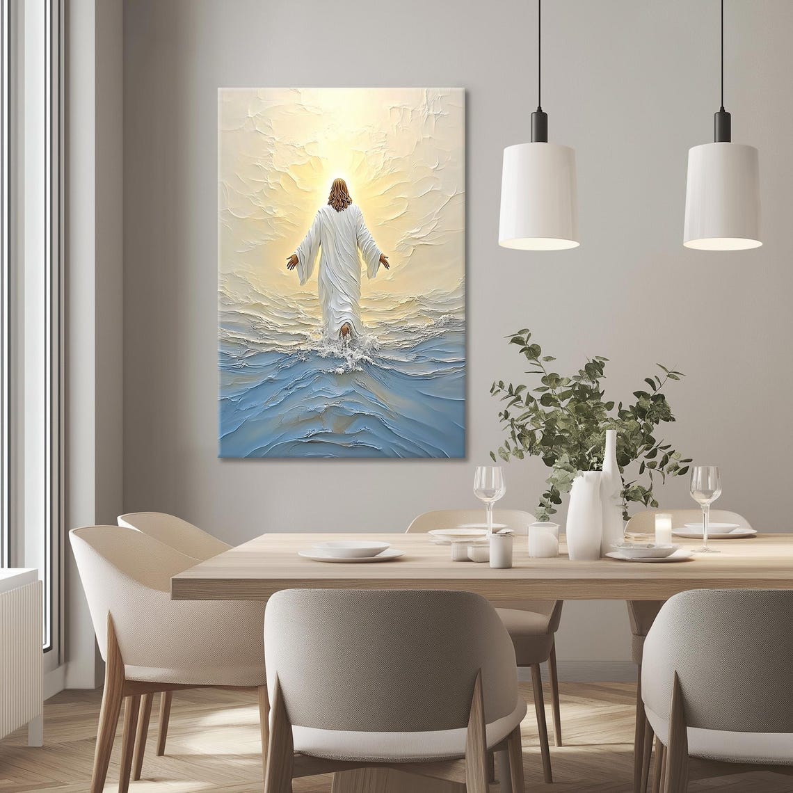 Jesus Christ Walking On Water At Sunrise Reflection Painting Poster - Image 4