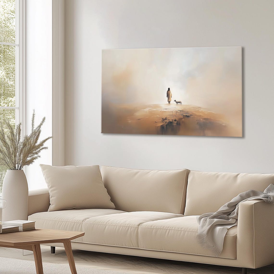 Shepherd And Lamb On Cliff Edge In Golden Fog Minimalist Poster - Image 3