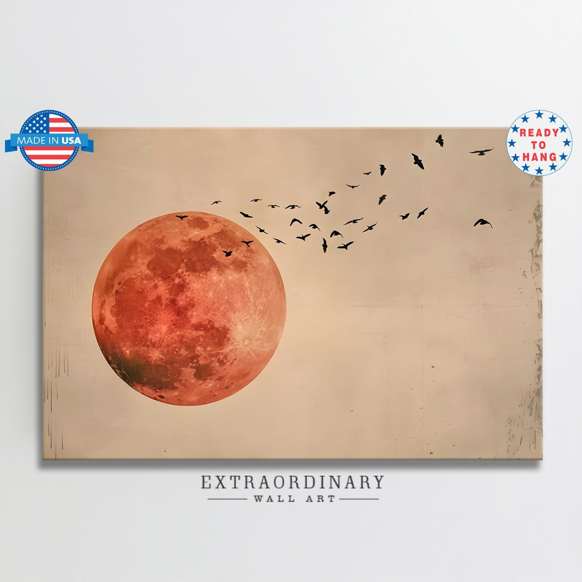 Blood Red Moon With Flock Of Birds Minimalist Canvas Wall Art