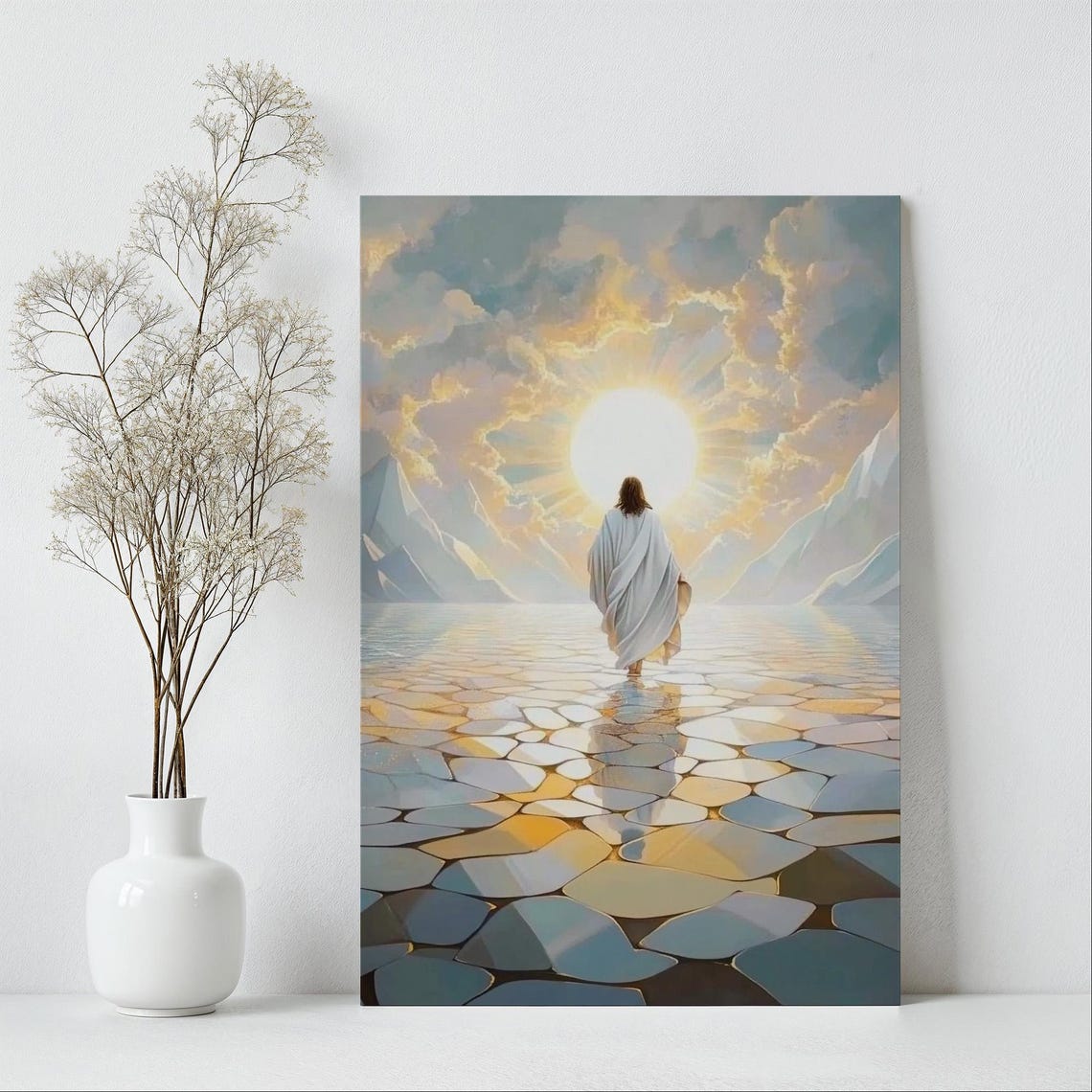 Jesus Walking On Water Into Radiant Golden Sunrise Clouds Poster - Image 6