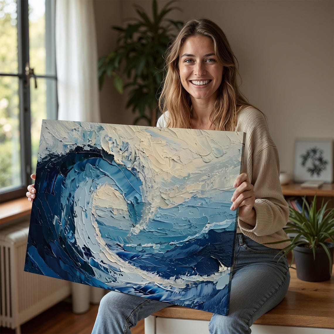 Ocean Wave Impasto Texture Blue And Cream Seascape Poster Art - Image 6