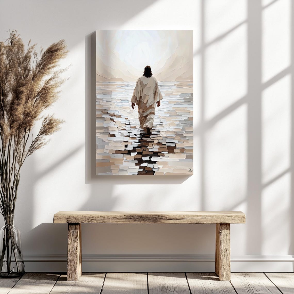 Jesus Walking Away On Water Textured Earth Tone Mosaic Poster - Image 5