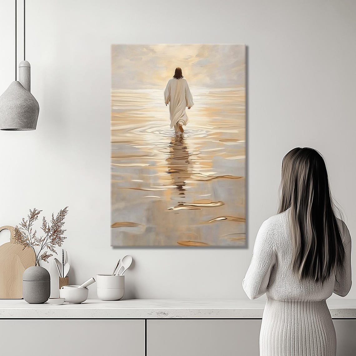 Jesus Christ Walking Away On Golden Water At Bright Sunrise Poster - Image 2