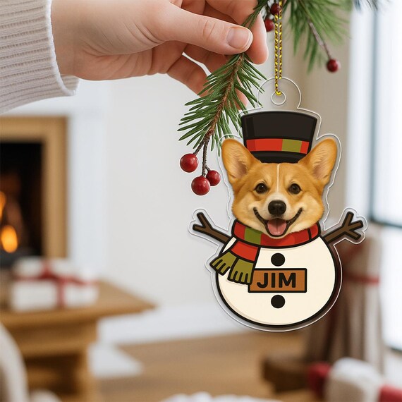 Personalized Corgi Snowman Christmas Ornament Dog Face Acrylic Print