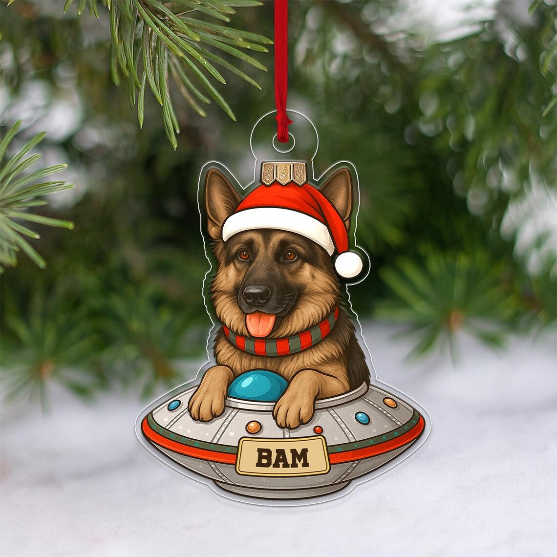 Personalized German Shepherd UFO Christmas Ornament Santa Acrylic Print