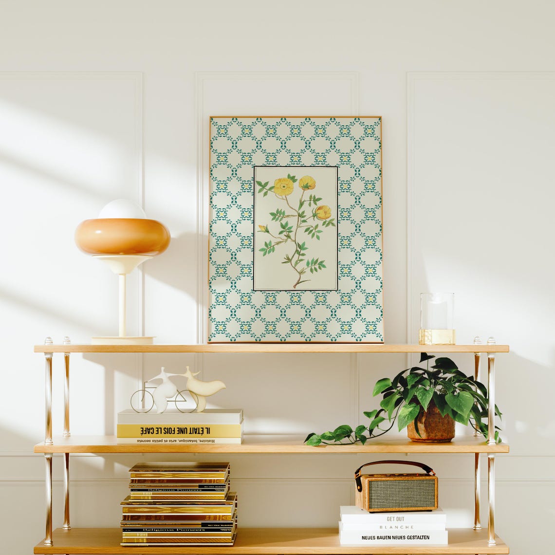 Vintage Yellow Rose Botanical Illustration Green Striped Print - Image 3