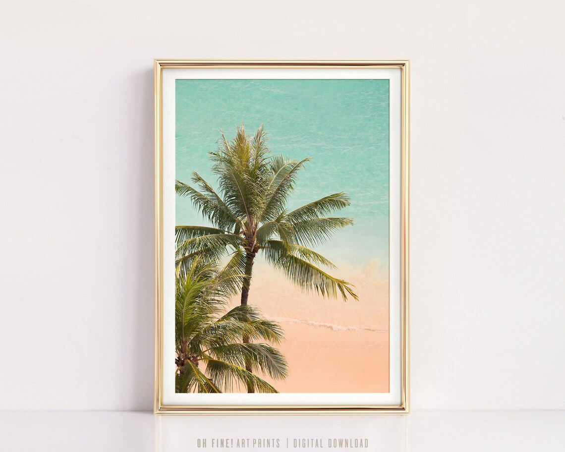 Aerial Beach Photography Art Print, Pink Sand Palm Tree - Image 2