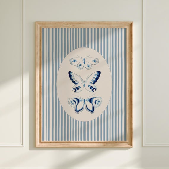 Light Blue Striped Butterfly Print Vintage Moth Wall Art Instant Trendy Maximalist Decor Illustration A258