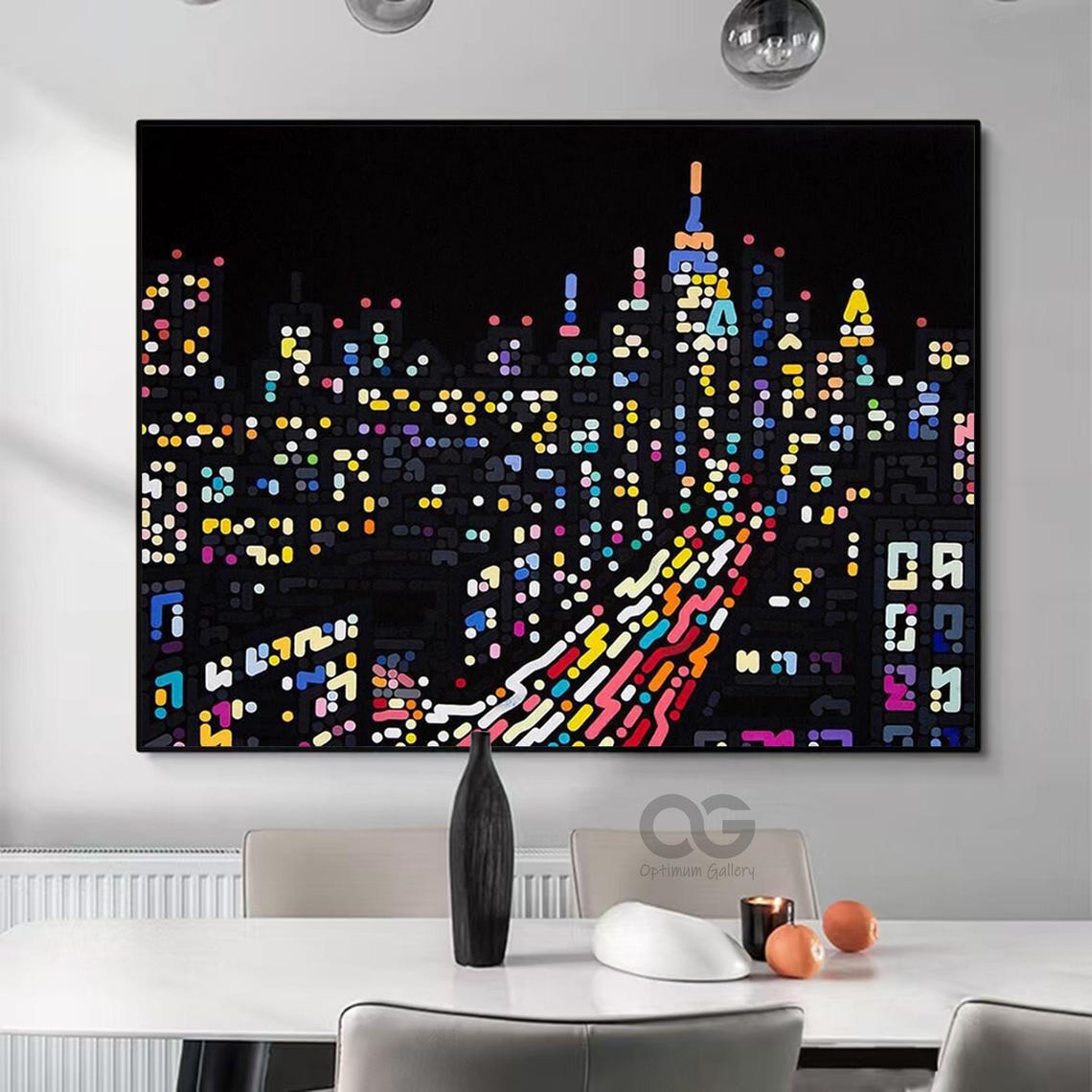 New York City Night Skyline Empire State Lights Dotted City Art Poster