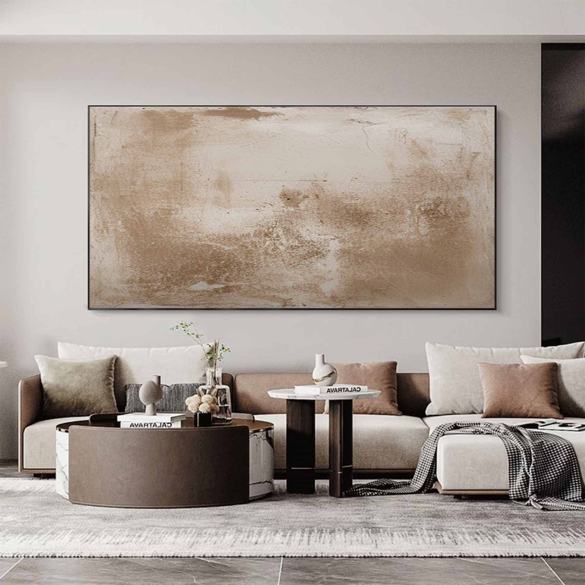 Wide Beige Abstract Sandy Brown Washes Textured Neutral Canvas Poster - Image 4
