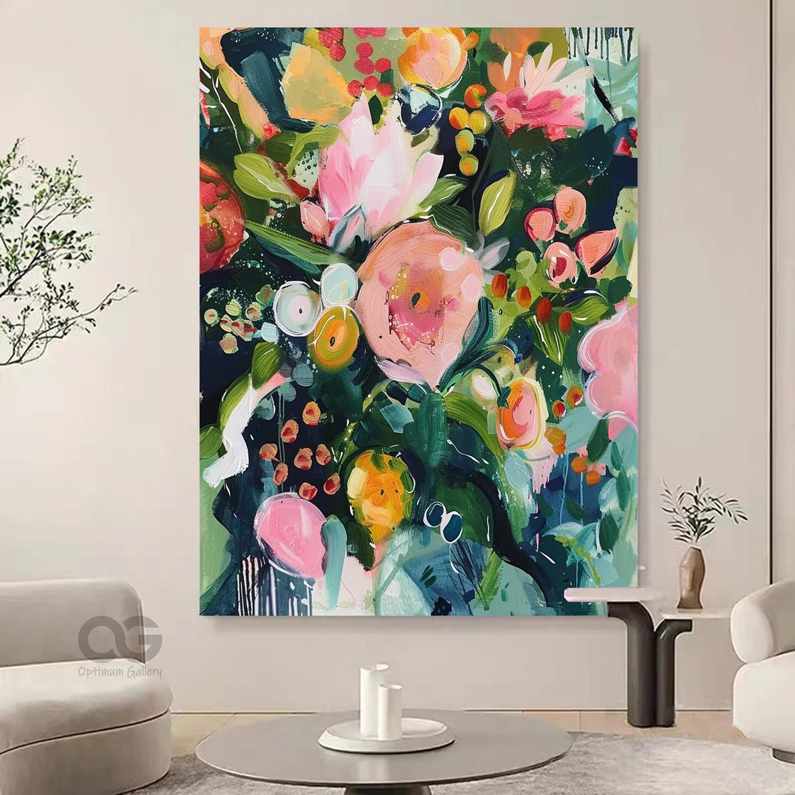 Original Garden Painting On Texture Painting Green Wall Art Colorful Flower Painting Living Room Wall Art Teal Luxurious Floral Art - Image 5