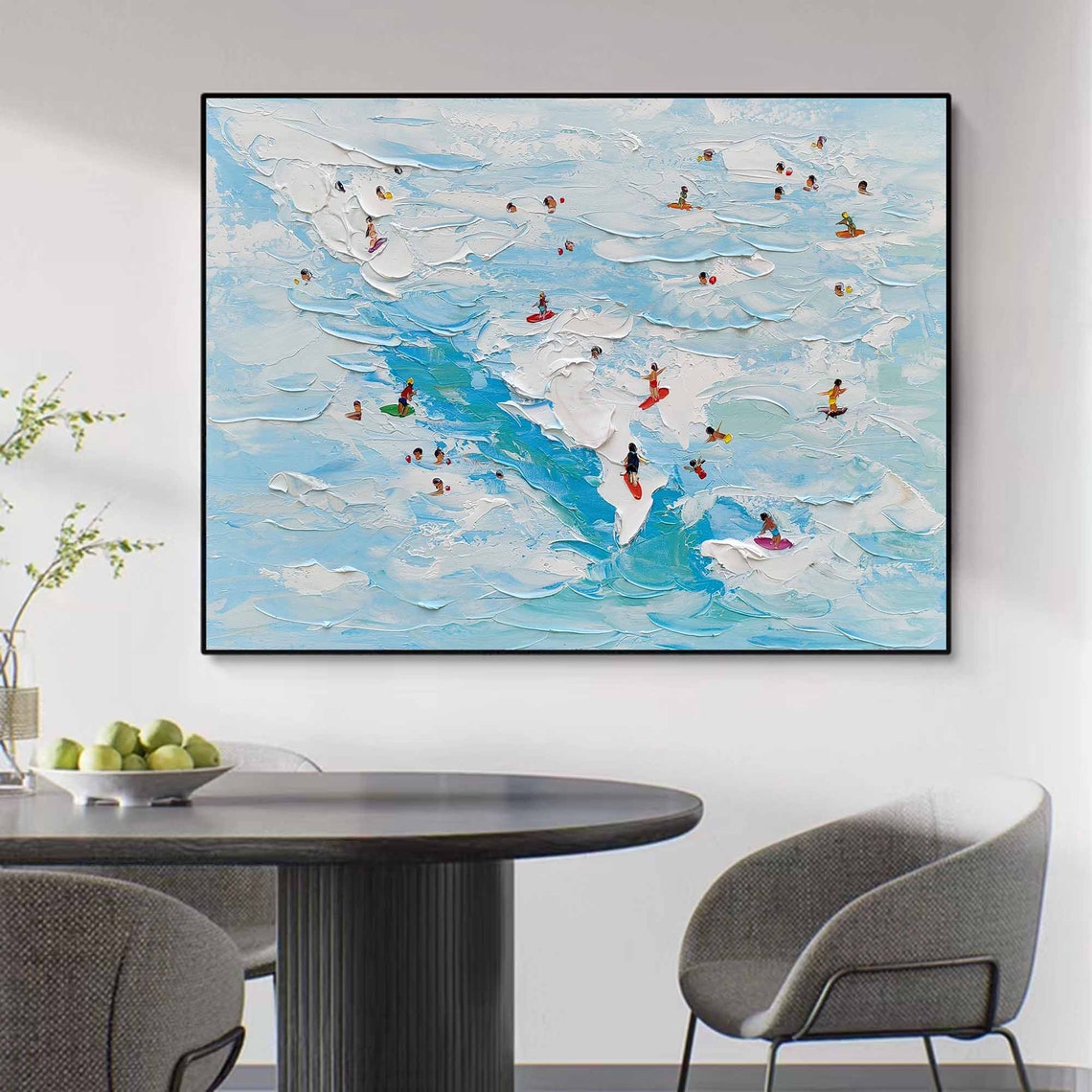 Blue Sea Tiny Swimmers Surfers Textured Waves Summer Beach Art Poster - Image 4