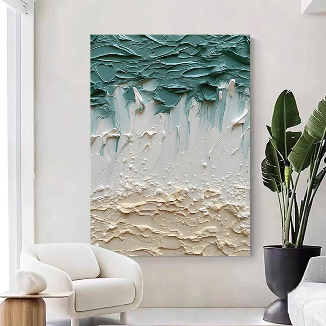 Teal White Sand 3D Textured Beach Vertical Ocean Wave Painting Poster - Image 3
