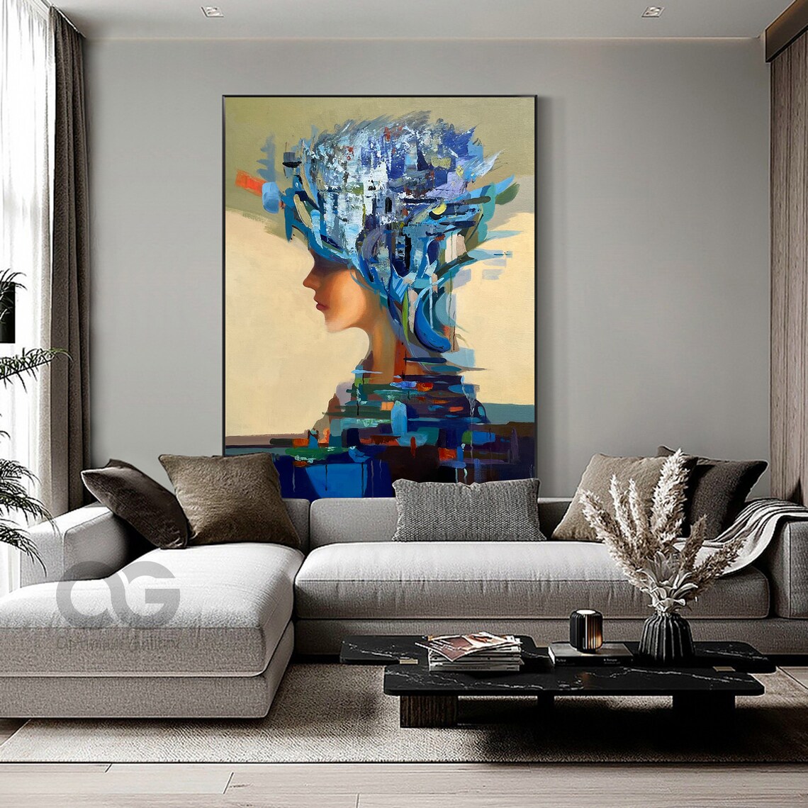 Blue Abstract Hair Woman Profile Painted Brushstroke Explosion Art Poster - Image 4