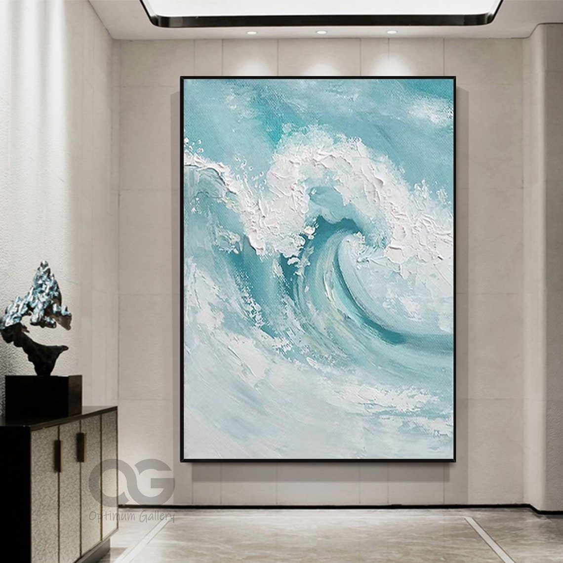 Turquoise Big Ocean Wave Curl White Foam Gold Framed Painting Wall Art - Image 5
