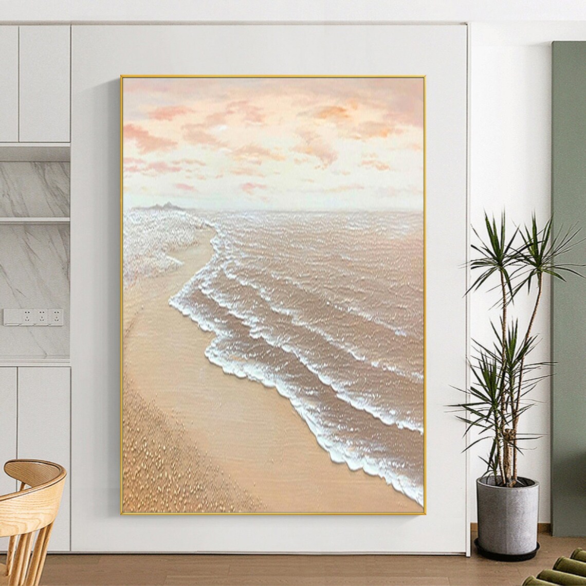 Sunrise Pink Sky White Foam Waves Golden Sand Beach Coastal Scene Poster