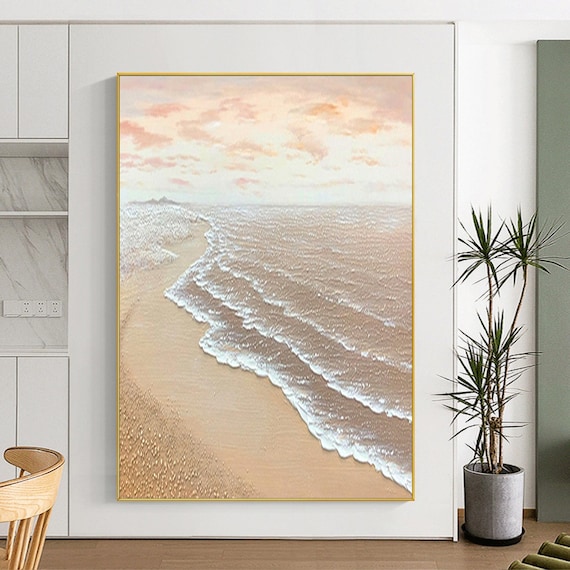 Sunrise Pink Sky White Foam Waves Golden Sand Beach Coastal Scene Poster