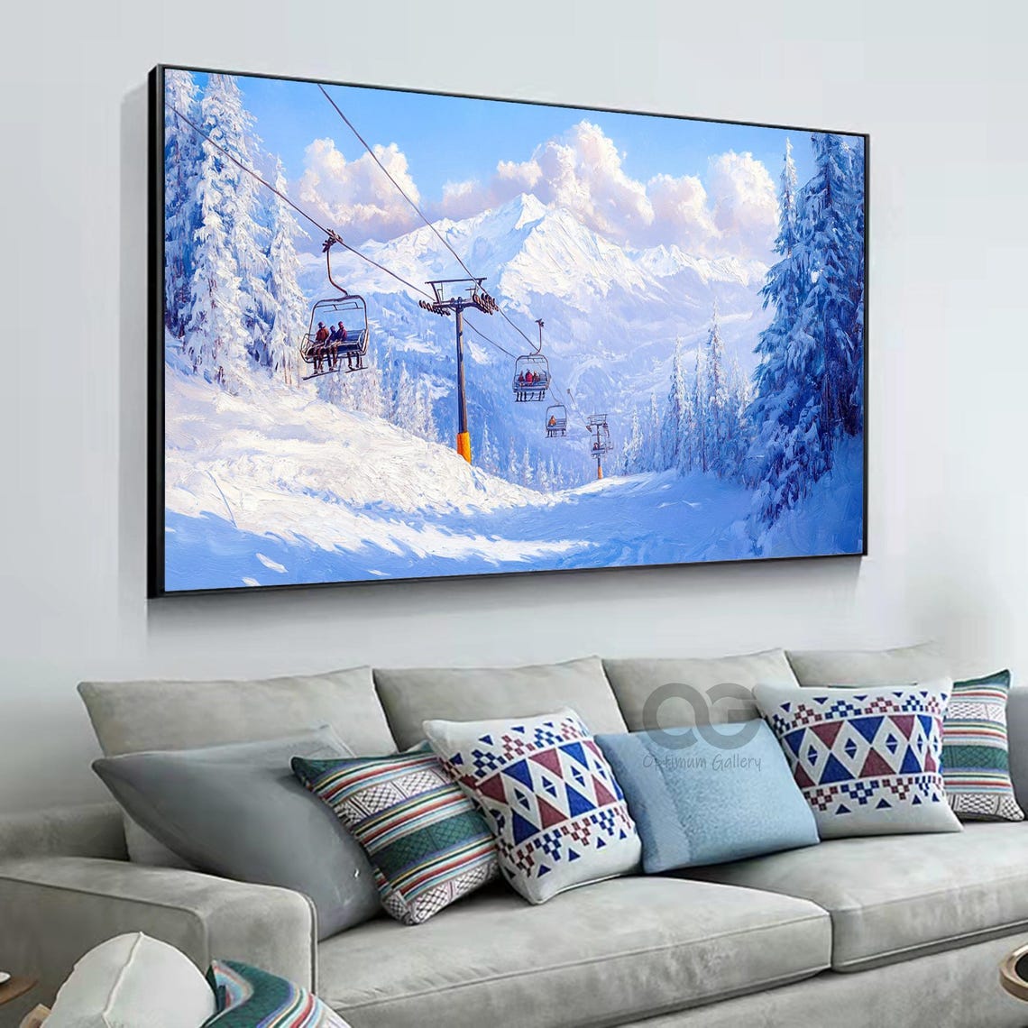 Gondola Cabins Snowy Ski Slope Tall Pines Blue Sky Mountain Poster - Image 5