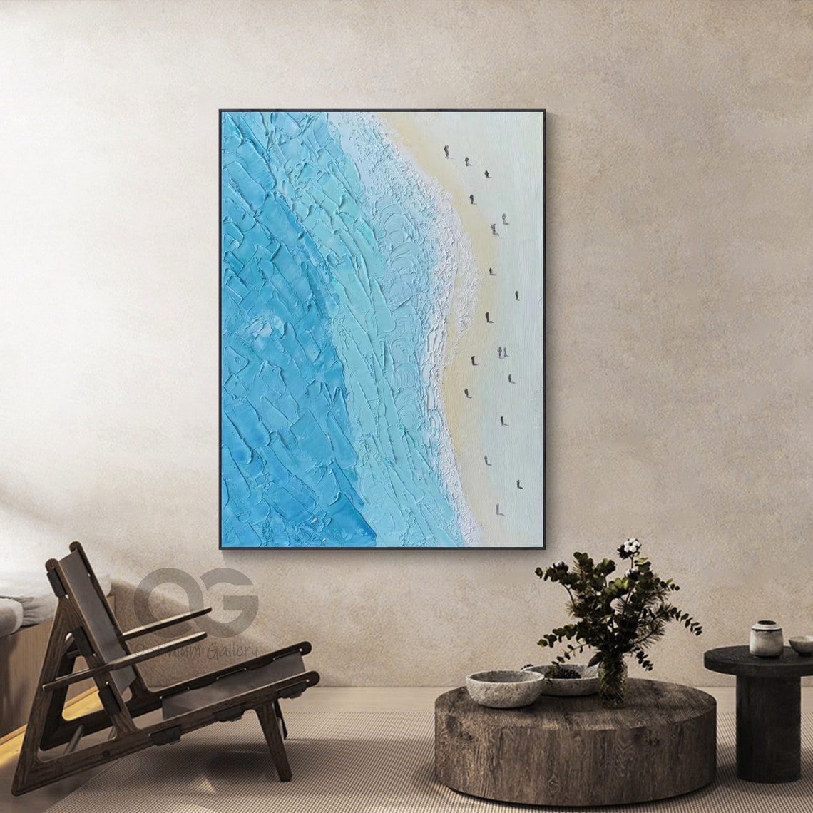 Bright Blue Sea White Sandy Beach Walkers Aerial Textured View Poster - Image 2