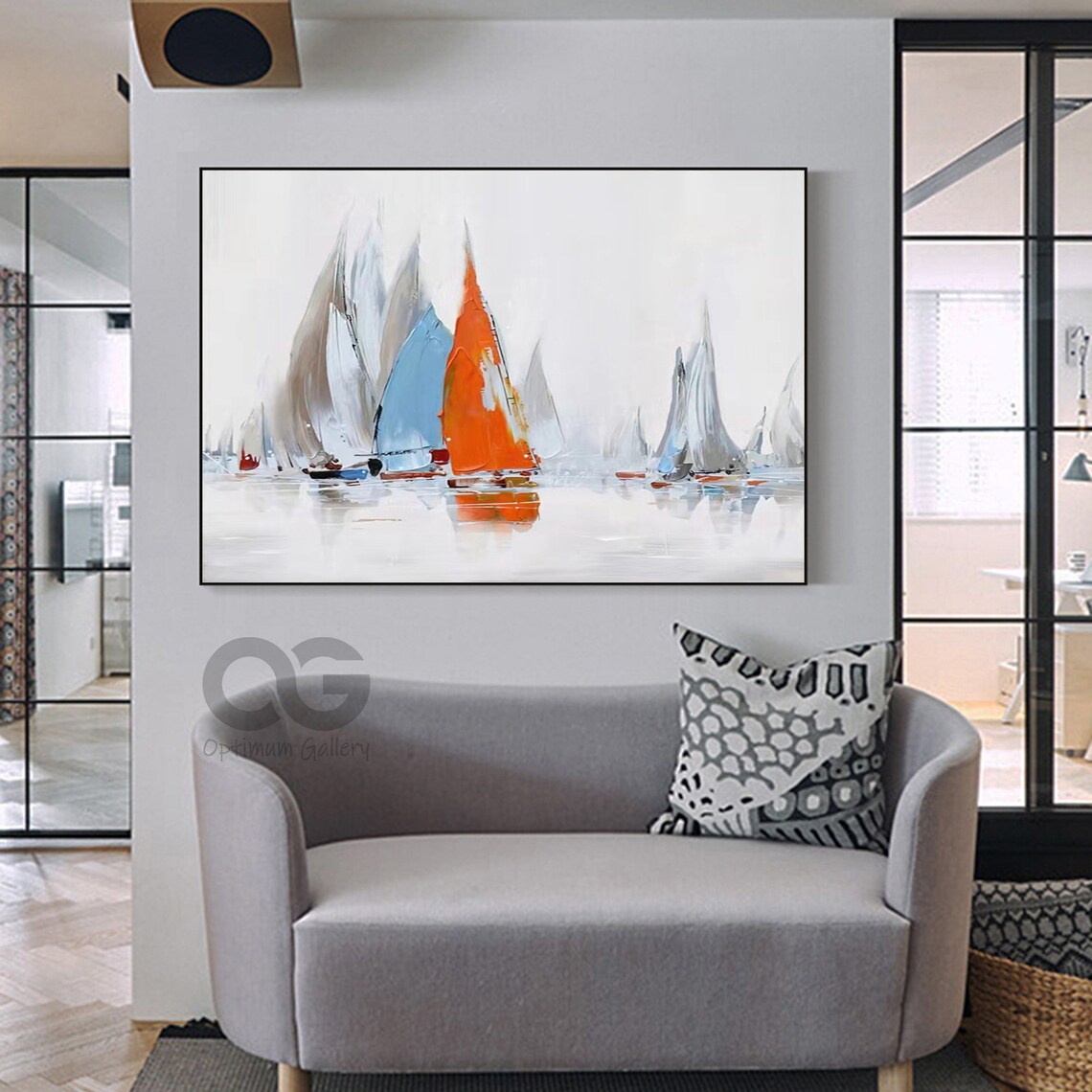 Abstract Sailboat Painting Orange Sail Grey White Sails Calm Water Wall Art Poster - Image 2