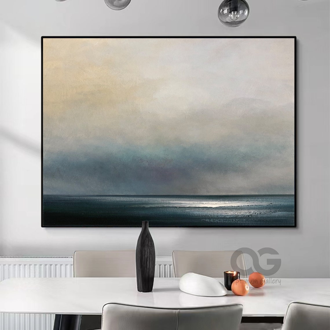 Minimalist Abstract Seascape Pale Sky Dark Blue Ocean Square Wall Art - Image 5