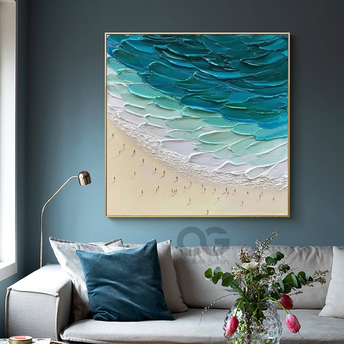 Turquoise Ocean White Beach Tiny Figures 3D Impasto Aerial Scene Poster - Image 3
