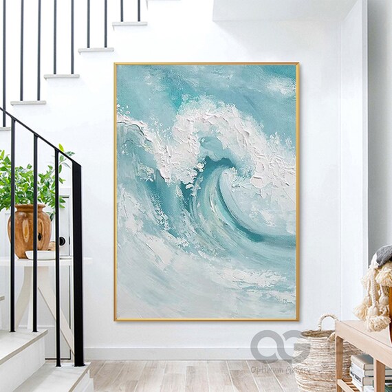 Turquoise Big Ocean Wave Curl White Foam Gold Framed Painting Wall Art