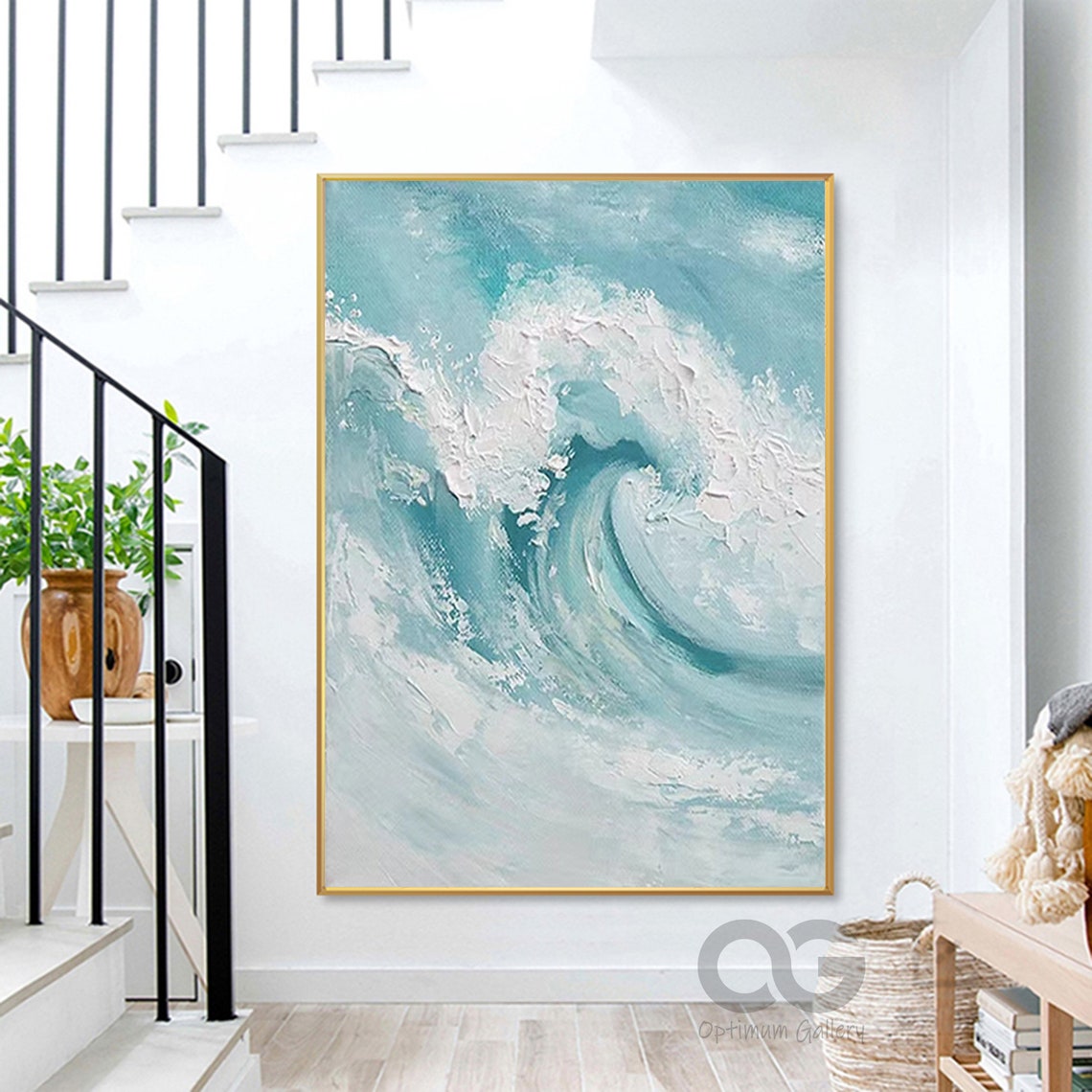 Turquoise Big Ocean Wave Curl White Foam Gold Framed Painting Wall Art