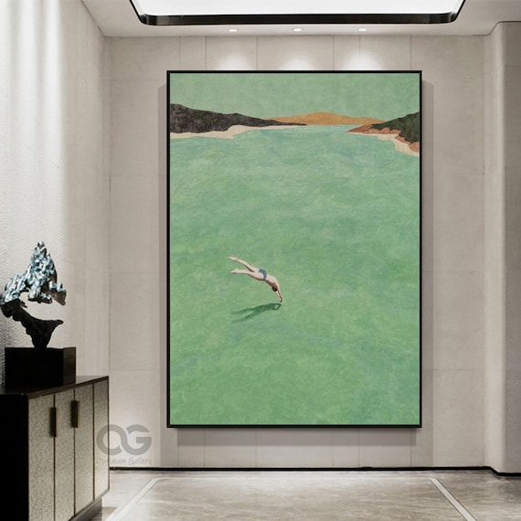 Vintage Man Diving Into Turquoise Sea Coastal Summer Holiday Wall Poster