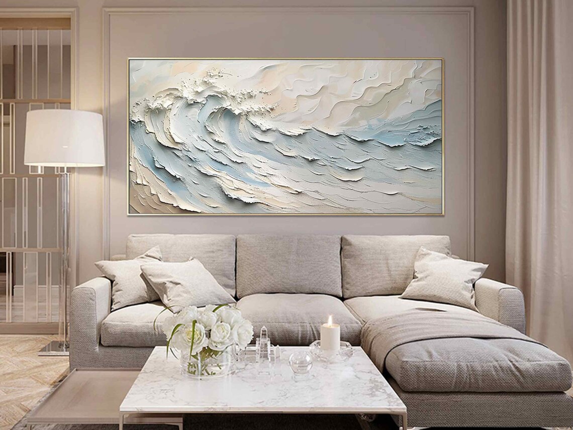 Cream White Curling Wave Blue Gray 3D Textured Gold Framed Painting Wall Art - Image 2