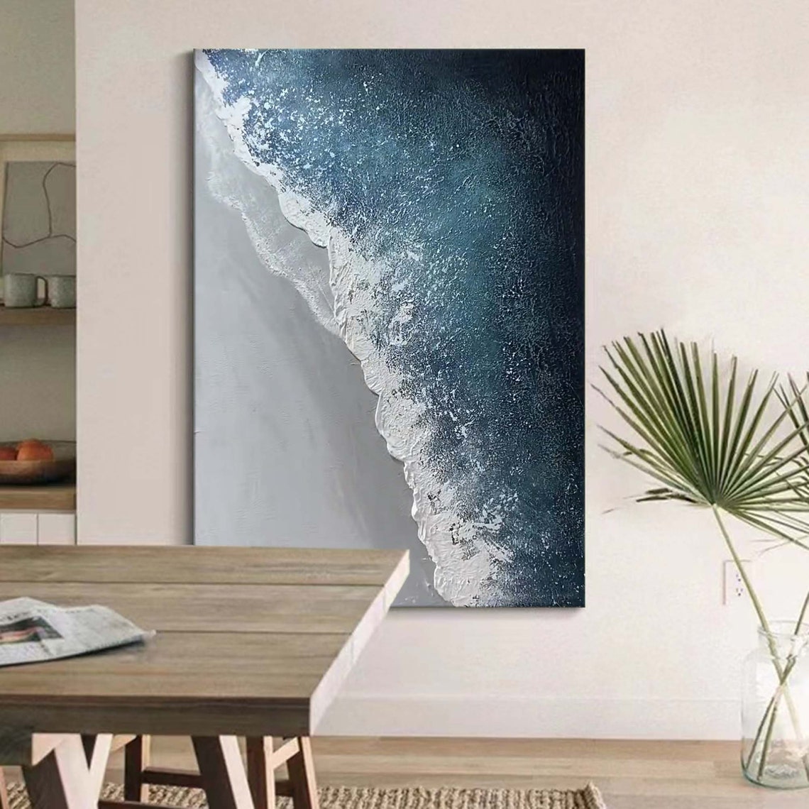Moody Navy Wave Foam Diagonal Aerial Grey Shore Vertical Art Poster - Image 3