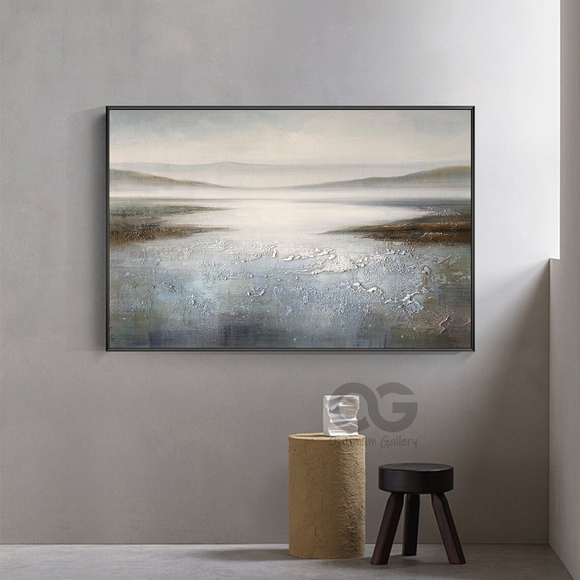 Misty Abstract Lake Seascape Distant Hills Textured Modern Painting Wall Art - Image 4