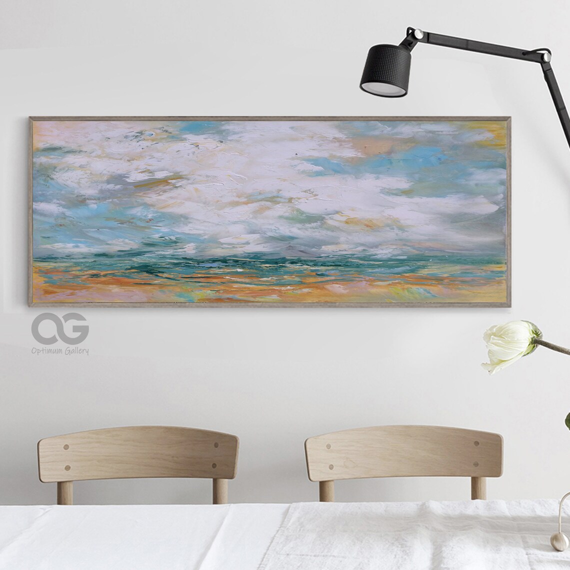 Abstract Seascape Painting Cloudy Sky Golden Sea Panoramic Beach Wall Art Poster - Image 2