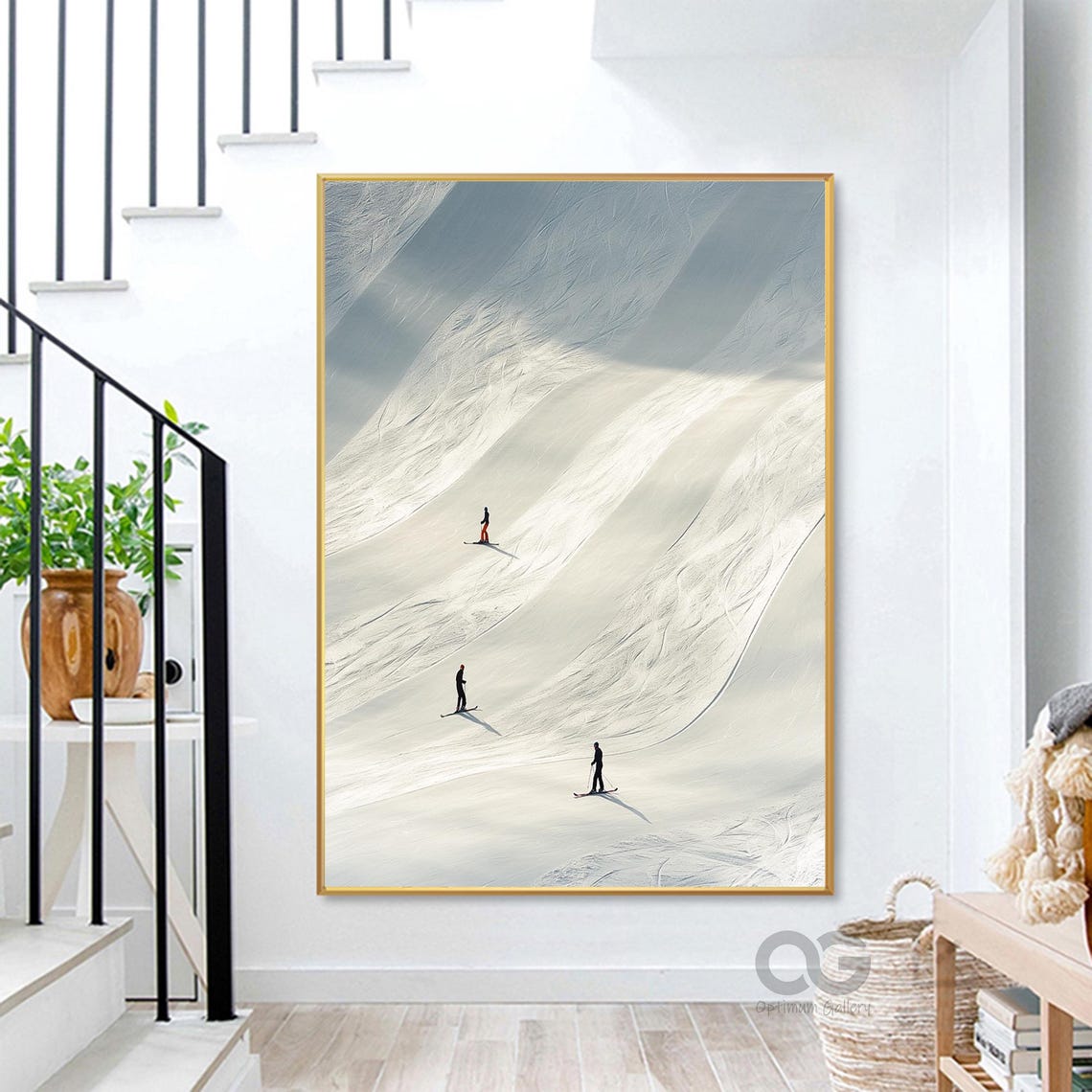 Winter Snow Mountain Painting Vintage Retro Painting People Skiing Painting Landscape Painting Ski Sport Painting Winter Wall Decor