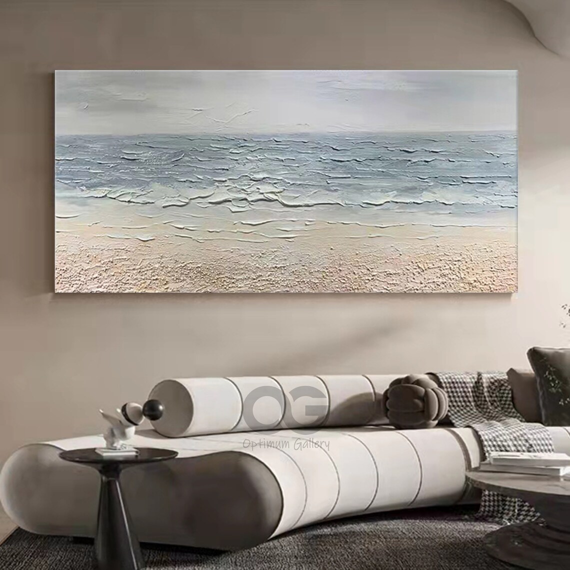 Textured Ocean Waves Painting Grey Blue Palette Knife Sandy Shore Wall Art Poster - Image 3