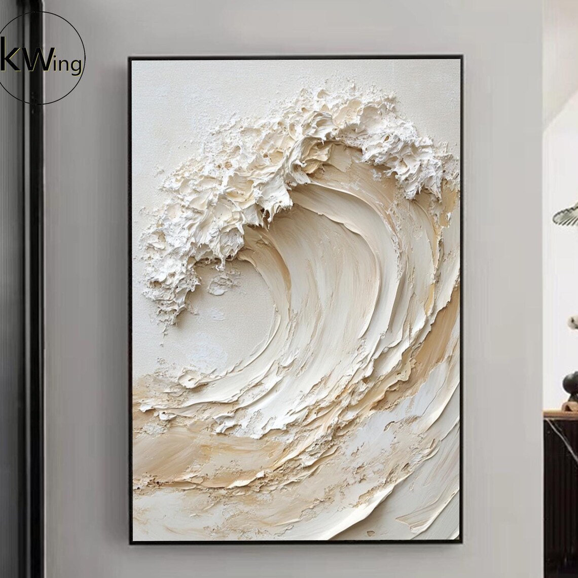 Beige White Curling Ocean Wave 3D Texture Painting Wall Art Poster