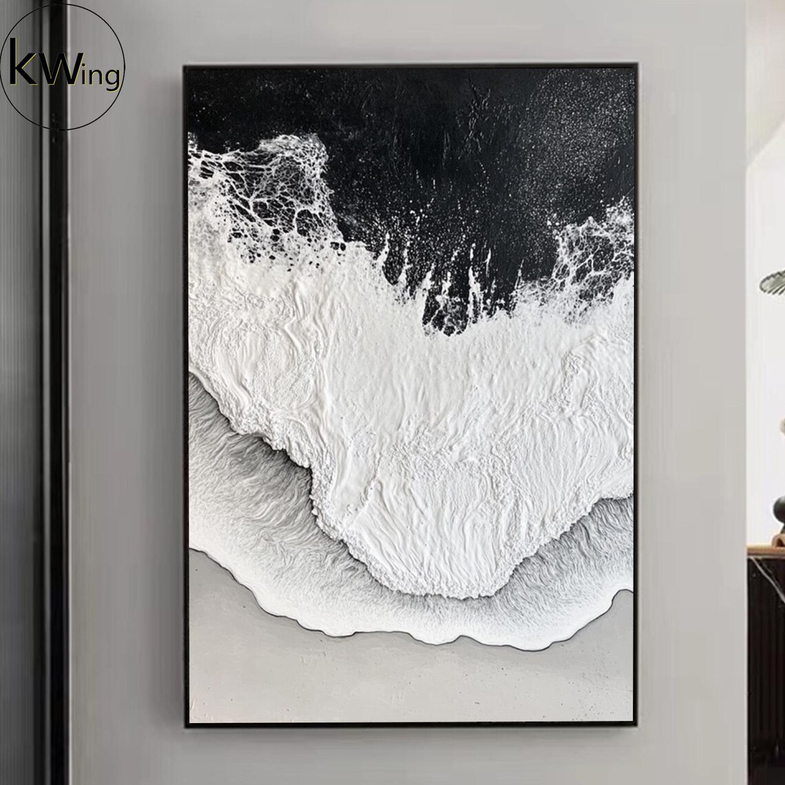 Large Abstract Textured Beach Oil Painting Black White Wall Painting Minimalist Seascape Wall Art Modern Wabi Sabi Art Fashion Room Decor