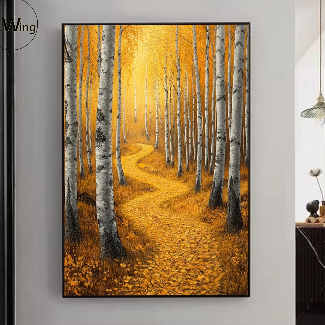 Golden Autumn Birch Forest Path Painting Textured Fall Wall Art Poster