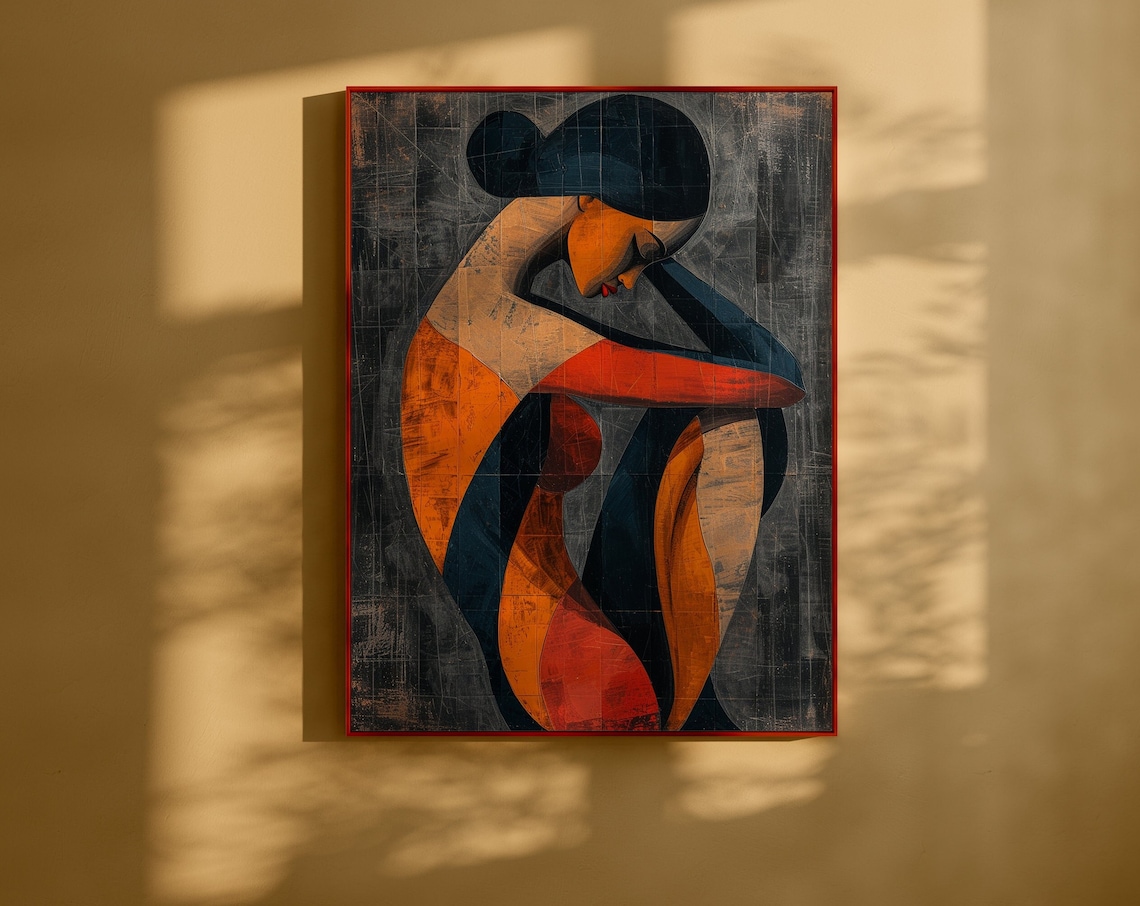 Pensive Seated Woman in Cubist Color Blocks Modern Art Poster
