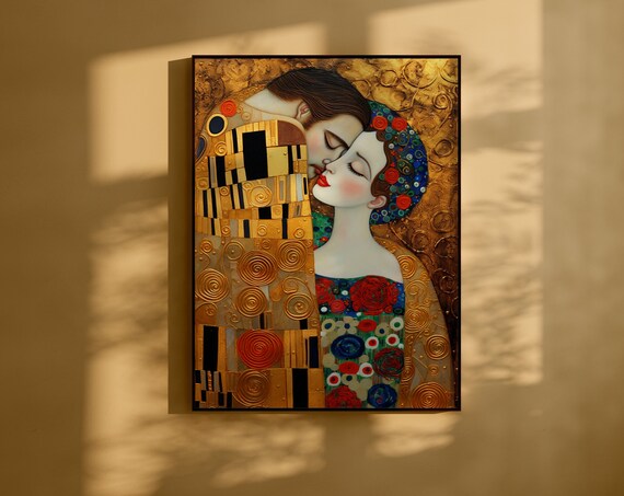 Klimt Style Golden Kiss Embrace with Floral Crown Art Poster