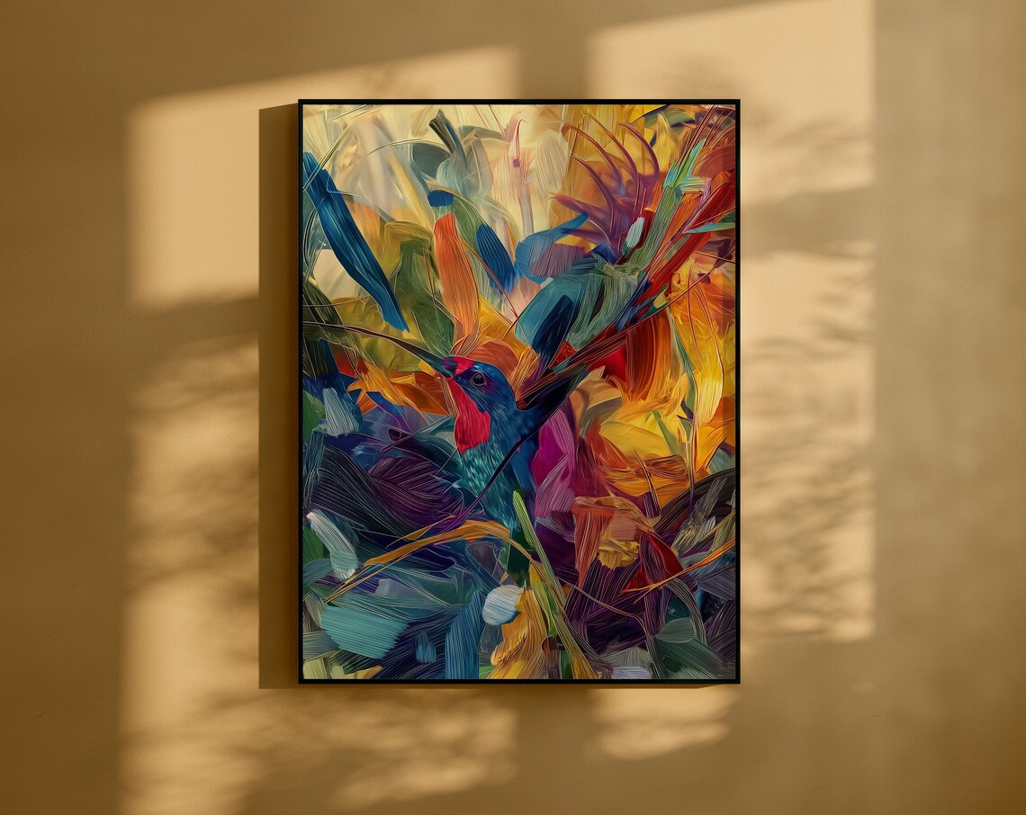 Vivid Songbird Among Wild Brushstrokes Abstract Bird Art Poster