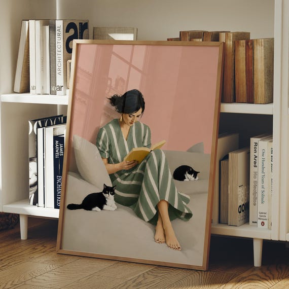 Minimalist Dopamine Decor Modern Book Lover Gift Print Black Cat Wall Art Digital Download