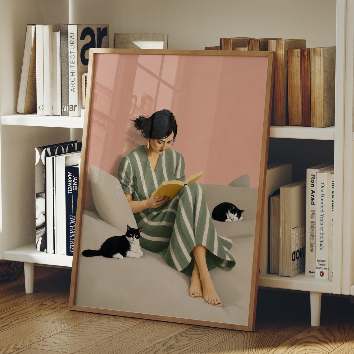 Minimalist Dopamine Decor Modern Book Lover Gift Print Black Cat Wall Art Digital Download