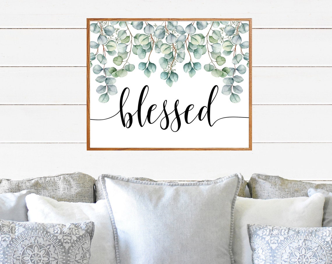 Blessed Calligraphy Script Hanging Eucalyptus Farmhouse Poster