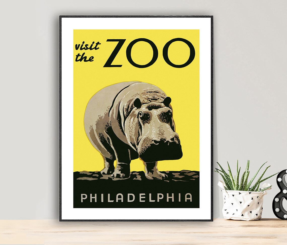 Visit the Philadelphia Zoo Hippo Yellow Vintage Animal Poster - Image 2