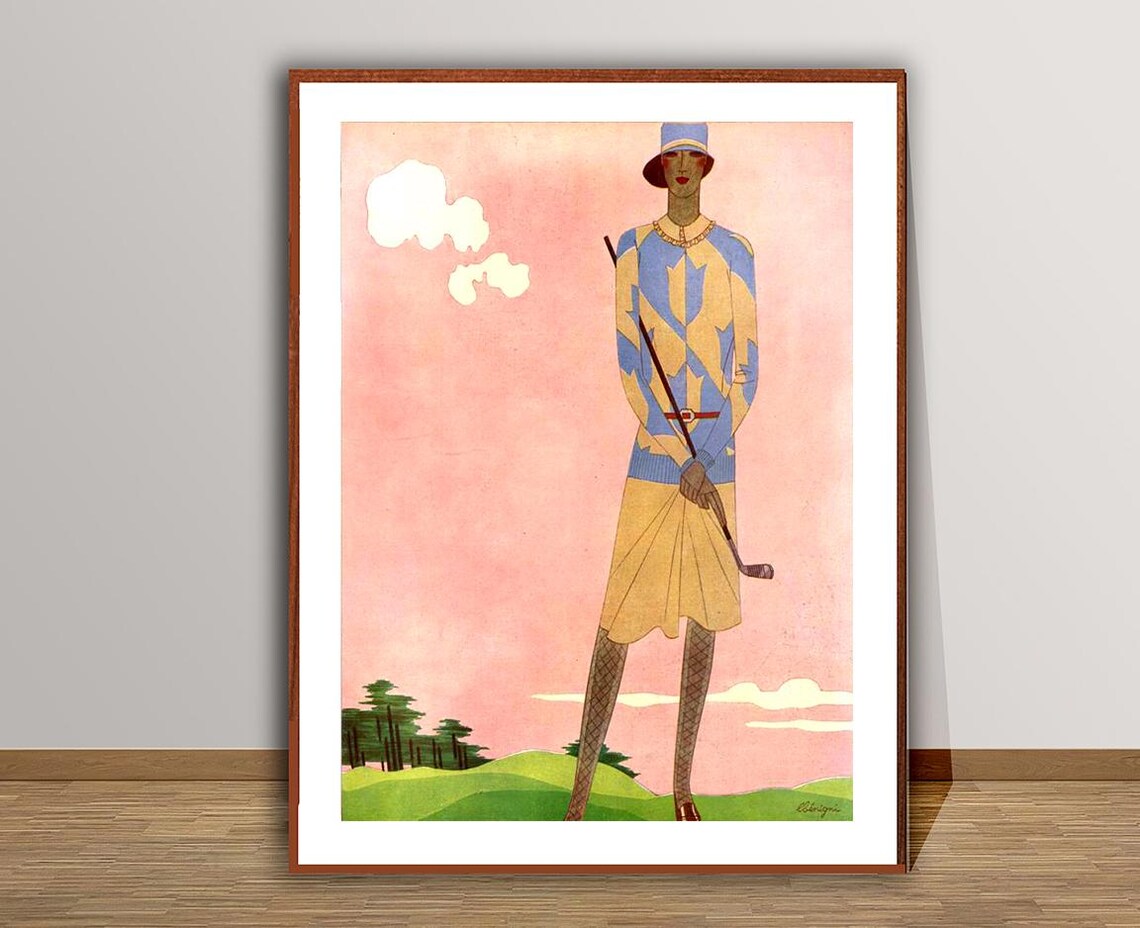 Elegant 1920s Art Deco Lady Golfer Pink Sky Vintage Golf Poster - Image 2